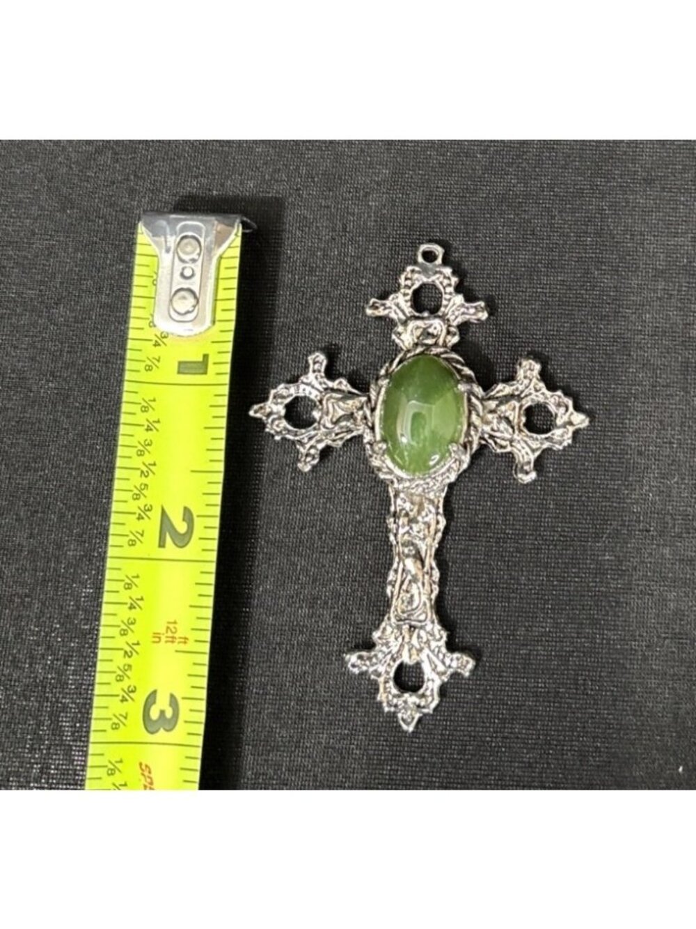 Gothic Byzantine Cross Pendant With Green Gemstone Costume Religious Jewelry - Picture 6 of 6